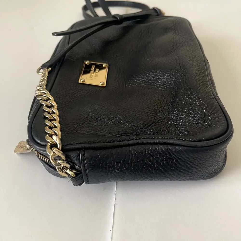 Michael Kors Black Leather Crossbody Bag Gold Chain Handbag Purse Classic Preppy